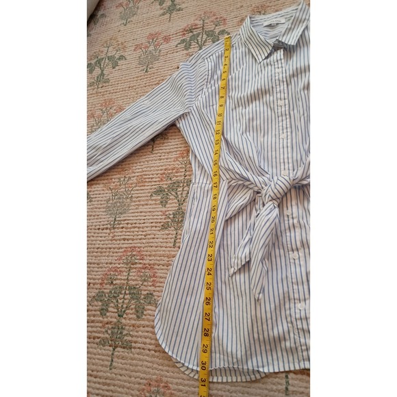 Calvin Klein Blue White Striped Tunic Button Down Blouse Roll Tab Sz L Tie Front - Picture 9 of 10